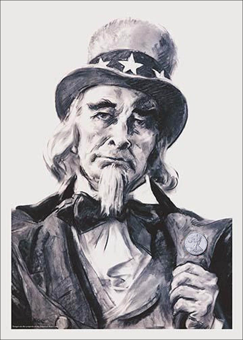 old sketch of uncle sam with a badge of the chamber logo fixed to his jacket lapel