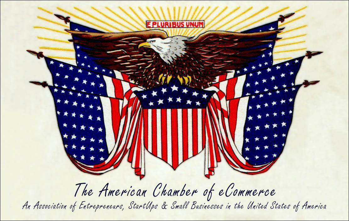 an early image of an eagle sitting on several flags, displaying the chamber motto e pluribus unum