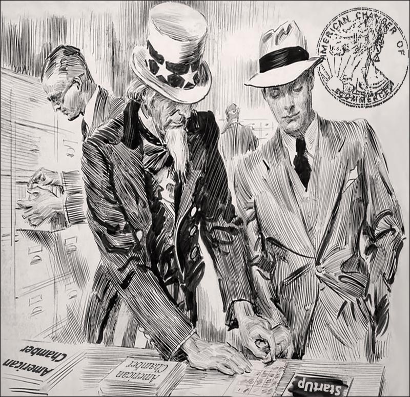 old pencil sketch of uncle sam fingerprinting a business man in a suite to represent the chamber vetting member businesses