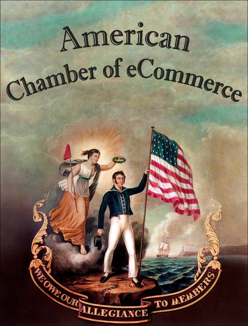 a clonial painting of lady liberty and a man holding a flag proclaiming allegiance to chamber members