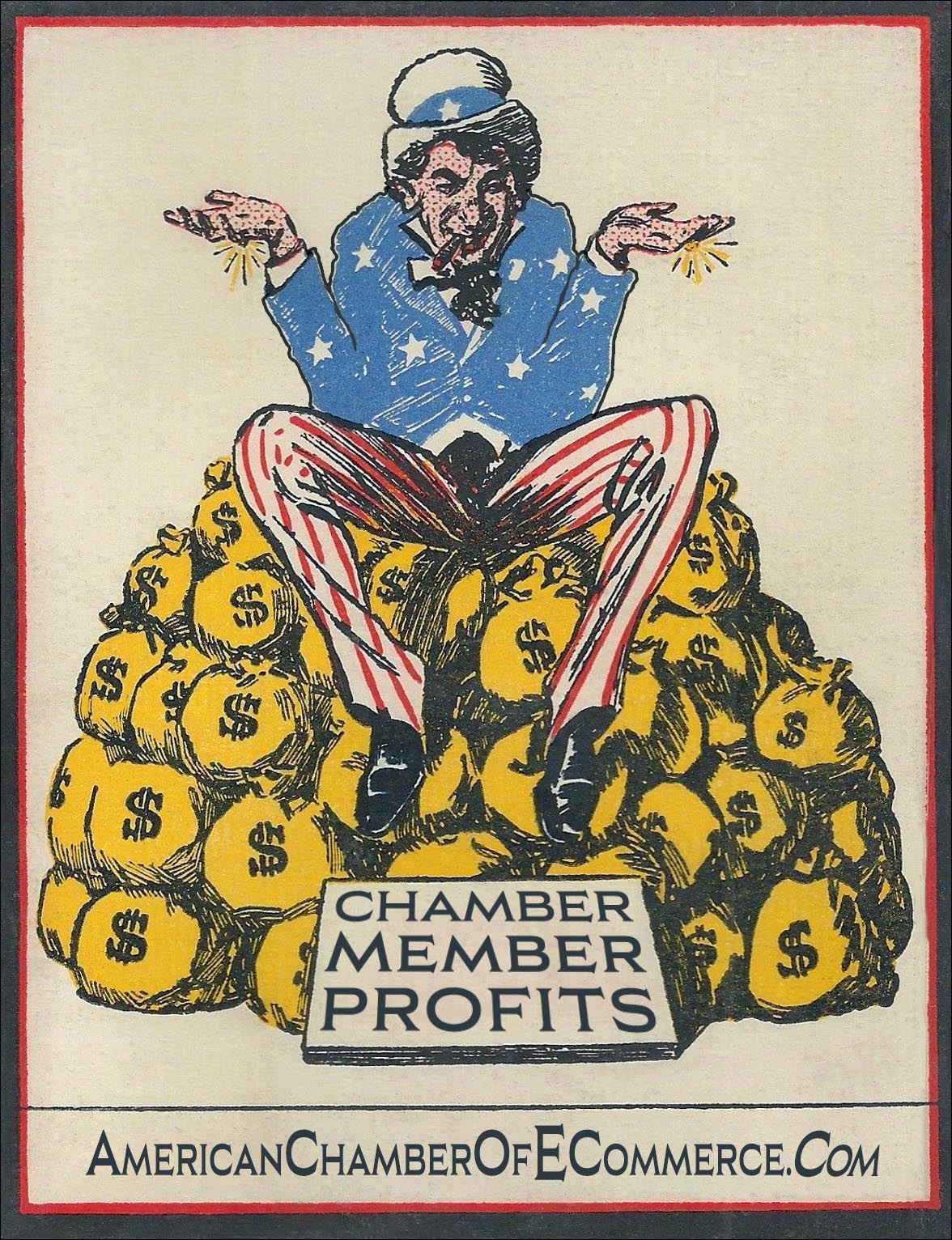 old print of uncle sam looking happy sitting on bags of money to illustrate chamber profits